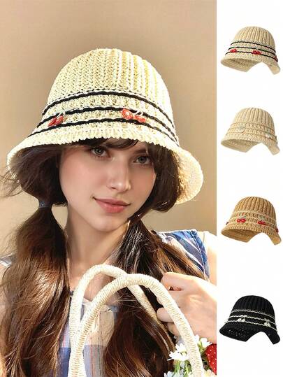 3D Cherry Handmade Crochet Bucket Hat, Hollow Breathable Split Brim Sun Hat For Women In Summer