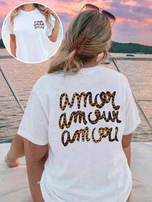 Y2K Style Summer Leopard Print Round Neck Loose T-Shirt, Comfortable Casual Vacation Beach Wear For Women White - White - View 1