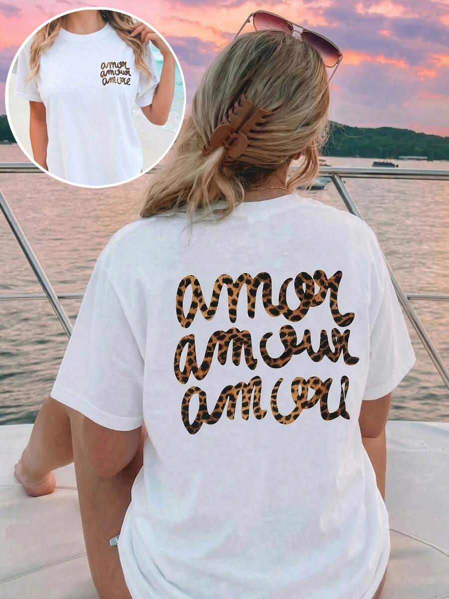 Y2K Style Summer Leopard Print Round Neck Loose T-Shirt, Comfortable Casual Vacation Beach Wear For Women White - White - View 1