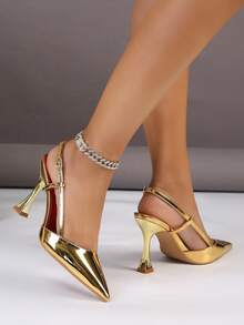 Women's Pointed Toe High Heel Shoes With Side Vertical Stripe And Gold Backstrap, Suitable For Party Wear - Gold - View 7