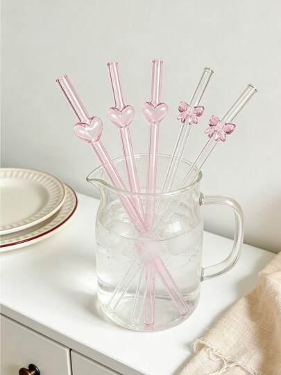 2/4支装卡通粉色爱心/蝴蝶结玻璃吸管套装，可重复使用弯曲透明玻璃吸管餐具套装，适用于厨房配件、水杯、吸管装饰、奶昔、珍珠奶茶、果汁、鸡尾酒、冷饮、返校季、单身派对、婚礼、旅行、送给女友/男友的趣味礼物、毕业季、派对用品、复活节礼物、夏季