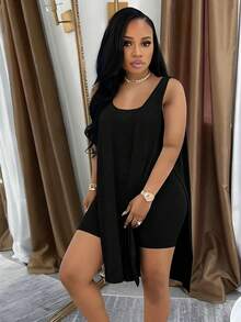 Plus Size Summer European And American Solid Color Mid-Length Split Hem Tank Top And Shorts Set Black Elegant - Black - View 3