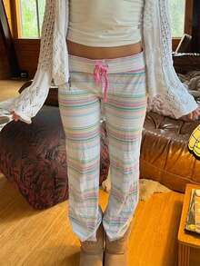 Women Lounge Pants Retro Fold Over Low Rise 2000s Colourful Stripe Stretch Flared Yoga Legging Bottoms Sweatpants - 青檸色 - 查看 5