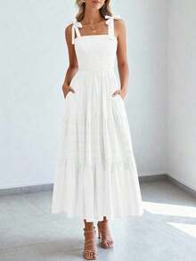 Women's Boho A-Line Maxi Dress, Summer Sleeveless Tie Shoulder Smocked High Waist Long Sundress With Pockets, Casual Dress For Beach Vacation & Holiday Outings - 粉色 - 查看 9