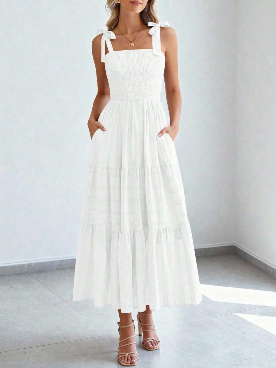 Women's Boho A-Line Maxi Dress, Summer Sleeveless Tie Shoulder Smocked High Waist Long Sundress With Pockets, Casual Dress For Beach Vacation & Holiday Outings - 白色 - 查看 1