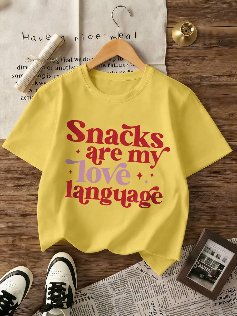 Girls' Round Neck Short Sleeve T-Shirt, Casual Slogan Graphic Tee For Spring/Summer, Suitable For School, Vacation And Shopping - Yellow - View 1