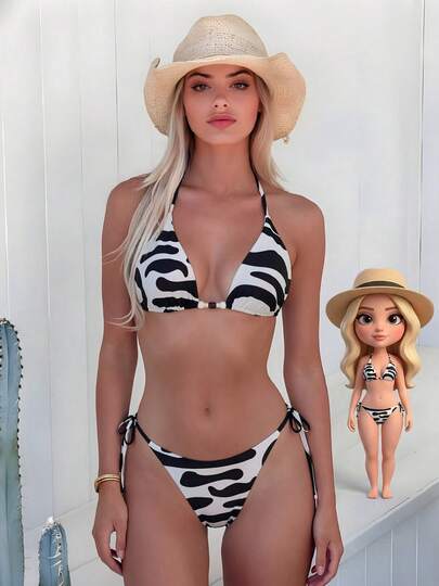 2026 Summer New Women's Fashion Black & White Zebra Print Halter Triangle Cup Bikini Set, Wild Sexy Style Tankini With Beaded Decor Side Tie Bottoms, Suitable For Beach, Spa, Vacation