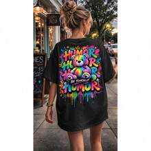 Stylish Oversized Boxy T-Shirt For Women, Graffiti, 100% Cotton, Casual Streetwear - 黑色 - 查看 1