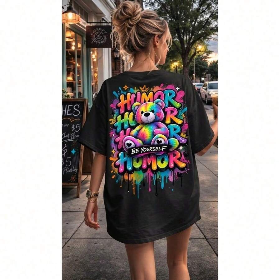 Stylish Oversized Boxy T-Shirt For Women, Graffiti, 100% Cotton, Casual Streetwear - 黑色 - 查看 1