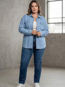 Women's Plus Size Denim Shirt With Long Sleeves And Pockets. A Versatile, Practical, Comfortable, High-Quality Shirt For Everyday Wear, Work, Or College. - 淺色水洗藍 - 查看 5