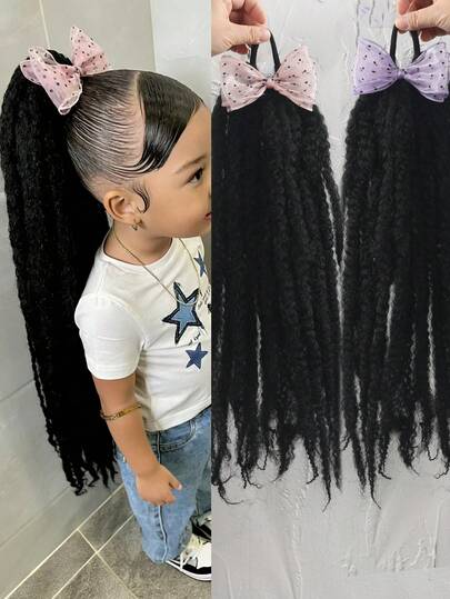 1 lọn tóc nối tổng hợp dài 18 inch với kiểu đuôi ngựa xoăn bồng bềnh kiểu châu Phi, kèm kẹp tóc nơ bằng len, màu đen tự nhiên, phụ kiện tóc thoải mái phù hợp cho bé gái