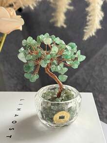 1pc Natural Crystal And Healing Stone Made Green Money Tree Decor, Home Office Decoration, Feng Shui Ornament - Green - View 3
