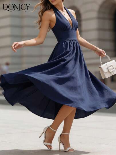 DONICY Vestido Halter com Decote em V Profundo, Vestido Midi Elegante Azul Marinho com Inspiração Vintage e Laço nas Costas, Vestido de Festa com Decote Profundo e Sexy
