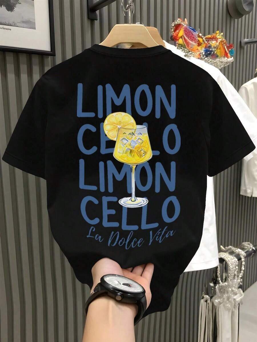 Camiseta de manga corta de cuello redondo con estampado gráfico, de corte holgado para hombre - Negro - Ver 1