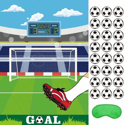 PLULON 儿童足球派对游戏，包括“把足球贴到球门上”生日派对游戏、足球海报和足球贴纸，适合足球主题生日派对、课堂和家庭活动。