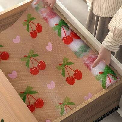 1 Roll Non-Adhesive Cabinet Liner, Red Cherry Pattern Drawer Liner, Non-Slip Refrigerator Liner, Waterproof & Oil-Proof EVA Refrigerator Liner, Transparent Fruit Print Cabinet Liner, Dining Table Mat