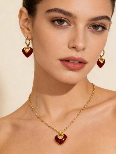 Bộ 3 món Ankla màu đỏ nhỏ giọt, phong cách Pháp tối giản thanh lịch dành cho nữ, dây chuyền hình trái tim dễ thương và bông tai, quà tặng ngày Valentine.