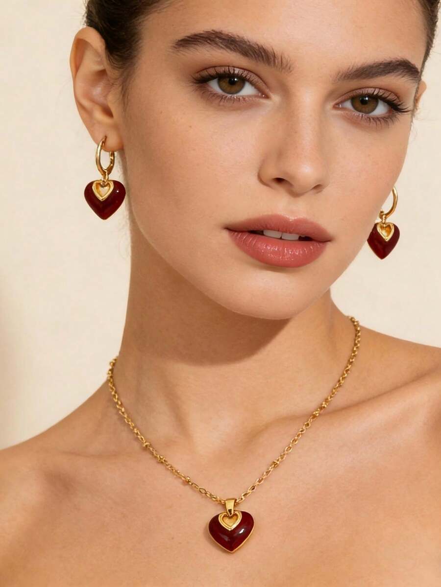 Bộ 3 món Ankla màu đỏ nhỏ giọt, phong cách Pháp tối giản thanh lịch dành cho nữ, dây chuyền hình trái tim dễ thương và bông tai, quà tặng ngày Valentine. - Đỏ - Xem 1