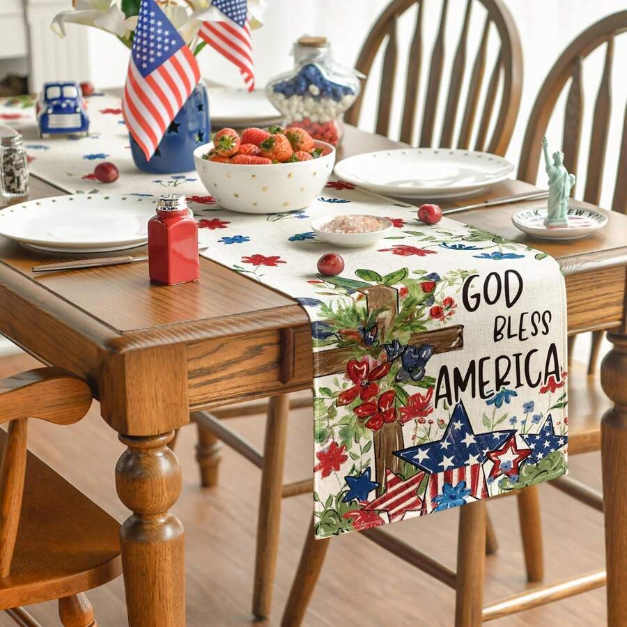 1pc European Blue Eucalyptus Star Patriotic 4th Of July Table Runner, Memorial Day Kitchen Dining Table Home Party Decor - Multicolor - View 1