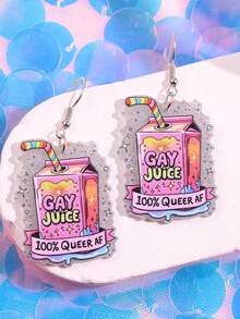 一对骄傲的月亮可爱时尚创意趣味银色闪光彩虹果汁亚克力耳环，适合日常通勤、节日和派对佩戴 - 彩色 - 查看 3