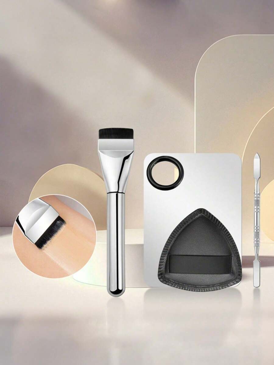1/4pcs Professional Stainless Steel Makeup Tool Set, Including Palette, Spatula, Foundation Scoop And Foundation Brush, Multi-Functional Pigment Mixing Palette Suitable For Foundation, Eyeshadow And Nail Art, Essential Makeup Tools For Precise Color Mixing And Application