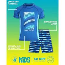 Conjunto de natación para niños Body Glove - Traje de baño de 2 piezas con pantalón corto y camiseta de protección UV, tallas 4-12 - Ondas azules - Ver 2