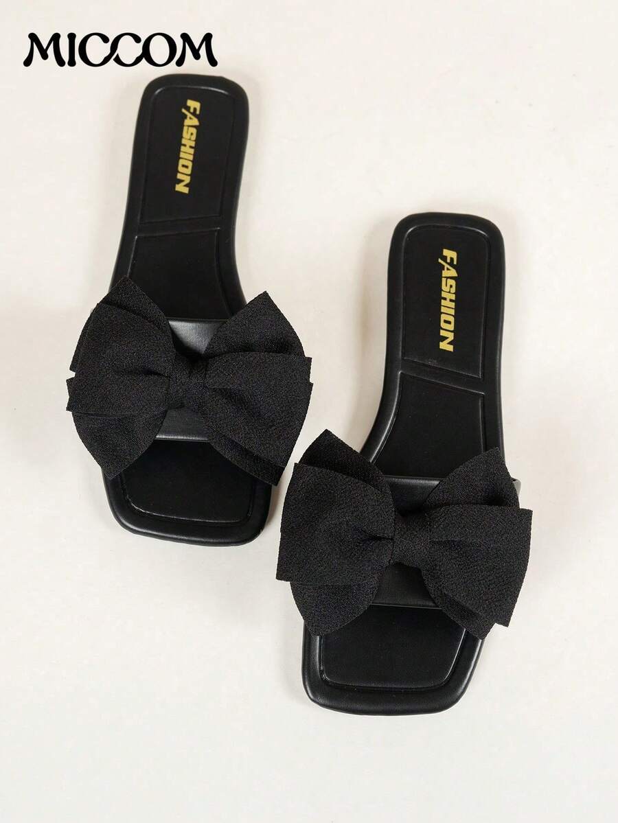 MICCOM Women's Square Toe Rhinestone Decorated Flat Slippers, Fashion Casual Ladies Sandals, Spring/Summer New Arrival 2025 - Black - View 1