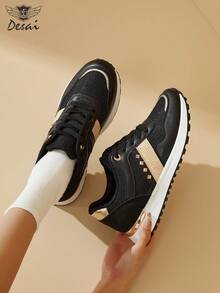 Women's Retro Rivet Platform Sneakers, Desai 1993 Metallic Color Block Mesh Casual Running Shoes - Black - View 2