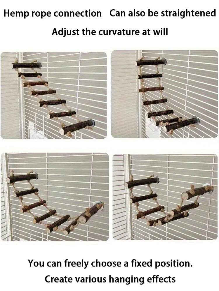 Adjustable Parrot Climbing Ladder, Natural Wooden Rope Ladder For Small/Medium Parrots, Multi-Position Perch Platform, Bird Cage Accessory, Parrot Toy - View 5