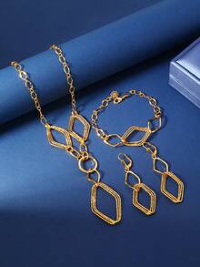 3pcs Middle Eastern Saudi Arabian Style Gold-Plated Copper Multi-Layer Jewelry Set, 1 Necklace, 1 Bracelet, 1 Pair Earrings For Wedding - Yellow Gold - View 3