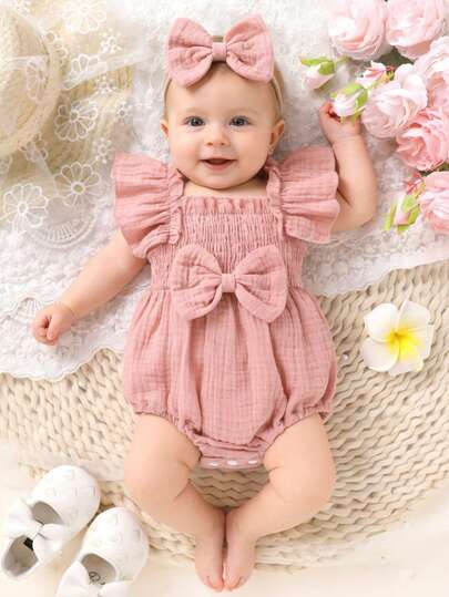 2pcs,BabyGirl,Soft,Comfortable,Casual,Elegant,Cute,Simple Solid Color Square Neck Ruffle Cotton Bodysuit And Headband Set With Bow Decoration,Baby Girl Clothing,Newborn Girl Clothing,Suitable For Everyday Wear, Vacations, Parties, Outdoor Activities