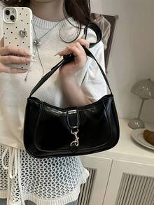 1pc Vintage Minimalist Crescent Moon Shaped Adjustable Strap Handbag, Suitable For Dates, Outings, Gatherings, Compact And Portable,Women's Tote Bag, Women's Fashion Backpack, Women's Functional Backpack, Women's Handbag, Women's Shoulder Bag, Women's Dinner Bag, Women's Backpack, Wallet, Elegant Women's Handbag, Handbag, Women's Work Bag, Travel Essentials, Beach Bag, Women's Wallet And Handbag, Essential Items For Shipping, White Wallet, Vacation Essentials, Wedding Supplies - 黑色 - 查看 2