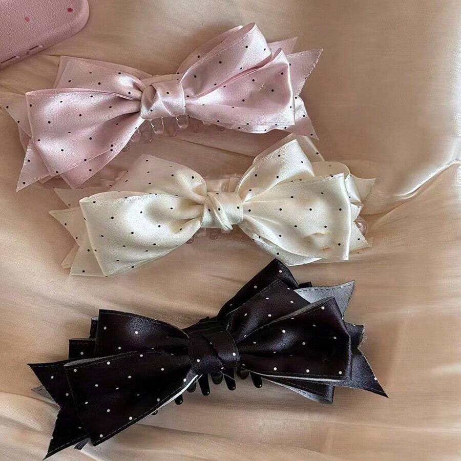 Premium Satin Polka Dot Bow Banana Hair Clip, Sweet Girl Style Hairpin, High-Quality Hair Accessory - Off-white - View 1