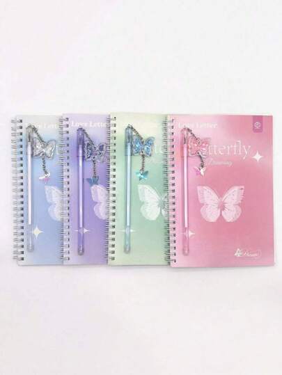 1pc A5 Spiral Notebook, 1pc Butterfly Ballpoint Pen, Double Coil Design - 60 Pages Per Notebook, Elegant Love Letters And Butterfly Patterns, Lined Paper Diary, Ideal Gift, Suitable For Girls' Journals, Office, Or School Supplies