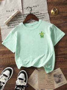Girls & Teens Casual Printed Round Neck Short Sleeve T-Shirt, Summer Top - Mint Green - View 3