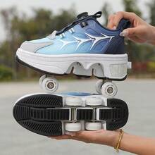 1双街头风鱼骨印花鞋，4轮自动伸缩旋转锁定青少年轮滑鞋，PU材质直排轮滑鞋 - 藍色 - 查看 5