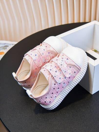 1 Pair Toddler Kids' Shiny Heart Pattern Sports Shoes, Casual Sneakers, High-Quality PU With Pink & Purple Gradient 3D Printing, Convenient Hook And Loop Closure, Soft & Comfortable Lining, Textured Non-Slip Sole, Fashionable For 1-8 Years Old Boys & Girls, Suitable For Dresses, Tights, Jeans Or Shorts, Playground, Daycare Or Family Outings