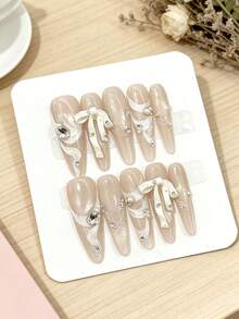 10pcs 3D Bow Tie Nail Stickers, Transparent Glitter Nail Art Decals, Removable Manicure Stickers Suitable For Daily, Date, Wedding Occasions - Multicolor - View 3