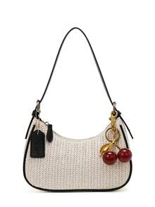 2026 Nouveau sac en paille d'été de couleur unie avec design graphique de lettre classique. Sac à épaule, sac croissant, convient pour le shopping, le sac bandoulière, le sac sous le bras Y2K, le sac à la mode - Noir - Voir 3