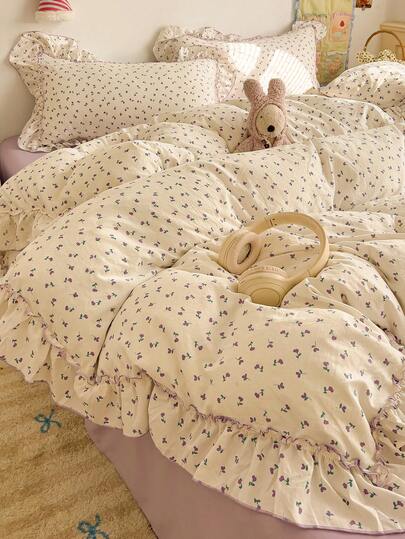 4pcs Floral Lace Bedding Set, Soft & Comfortable Bedroom Linens, Cute Floral Pattern, Breathable & Soft All-Season Bedding Set Including 1 Duvet Cover, 1 Bed Sheet, 2 Pillow Shams, No Filling, Suitable For Bedroom, Dorm, Home Use, Multiple Sizes Available