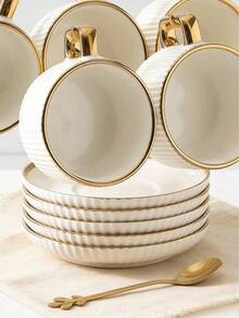 6件套/1件90毫升/3盎司欧式咖啡杯碟套装（不含图中铁架），（复古浮雕陶瓷杯套装），下午茶套装及茶杯礼盒，简约马克杯，白色浮雕竖条纹电镀金底陶瓷咖啡杯，马克杯，下午茶套装，一套完整的优雅咖啡杯碟，高品质、精致、轻盈奢华的陶瓷下午茶杯，艺术牛奶杯，简约咖啡杯礼盒，咖啡杯礼盒套装。 - 彩色 - 查看 6