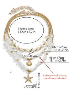 3件套波西米亚海滩风项链套装，包含鱼尾、贝壳、绿松石、海星吊坠和串珠绳链，适合女性日常及海滩度假装扮（长度详见描述，不对称白色宝石数量随机）。 - 白色 - 查看 5