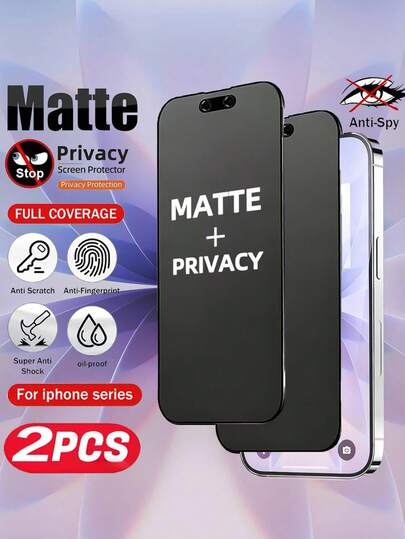 2pcs Matte Privacy Tempered Glass Screen Protector, Compatible With IPhone 17 Pro Max/17 Pro/17 Air/16 Pro Max/16 Pro/15 Pro Max/15 Pro/15/14 Pro Max/14 Plus/13 Pro Max/12 Mini/11. Anti-Fingerprint, Easy Installation, Matte Privacy Film, Privacy Protection, Matte Edge Protection, Anti-Fingerprint Coating. Essential Mobile Phone Accessory For Daily Office Use, Compatible With Phone Cases.