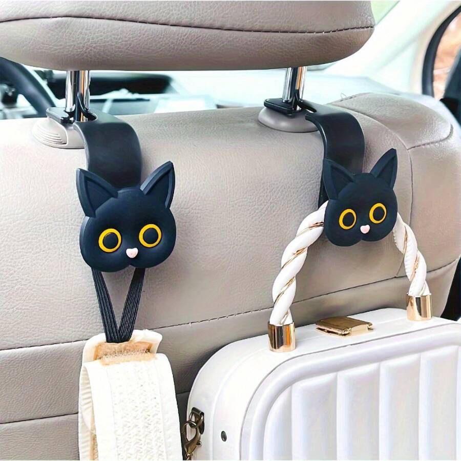 Cute 3D Cartoon Cat Car Headrest Hook - Car Handbag, Wallet, And Coat Organizer - 2件黑貓 - 查看 1