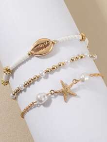 Set de 3 piezas de tobillera de estilo de playa de verano con estrella de mar y concha de aleación y material de cuentas de vidrio para mujeres - Dorado - Ver 4
