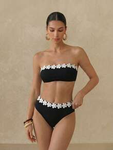 Anewsta 夏季海滩女士度假拼接编织肩带简约时尚比基尼套装带可分离比基尼套装 - 黑色 - 查看 1