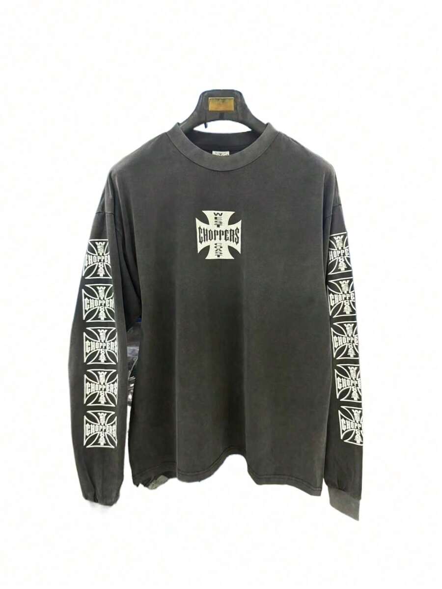 Y2K Distressed Choppers Cross Long Sleeve Tee - 3604洗黑 - 查看 1