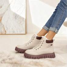 Women's Warm Boots - Heavy-Duty PU-Coated Textured, Lace-Up Ankle Boots, Platform Sole For Added Height And Non-Slip Rubber Sole - Beige/Brown Options, Elegant And Sophisticated Women's Winter Boots, Shiny Black Winter Boots With Beige Plush Lining, Women's Puffy Boots - Màu kaki được nâng cấp - Xem 5