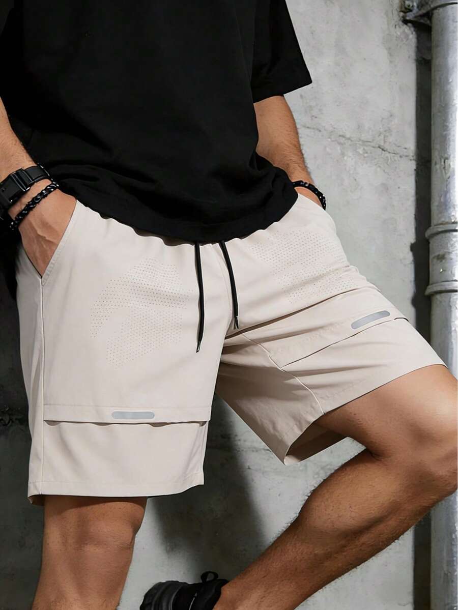 Pantalones cortos casuales versátiles de uso diario con cintura con cordón y bolsillos para hombres - Caqui - Ver 1