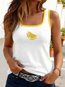 Lemon Rhinestone Embroidered Crew Neck Casual Slim Fit Tank Top, Women Summer Vacation Beach Outfit White - White - View 3